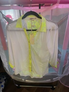 Pastels Sheer White Blouse with Neon Yellow Lace